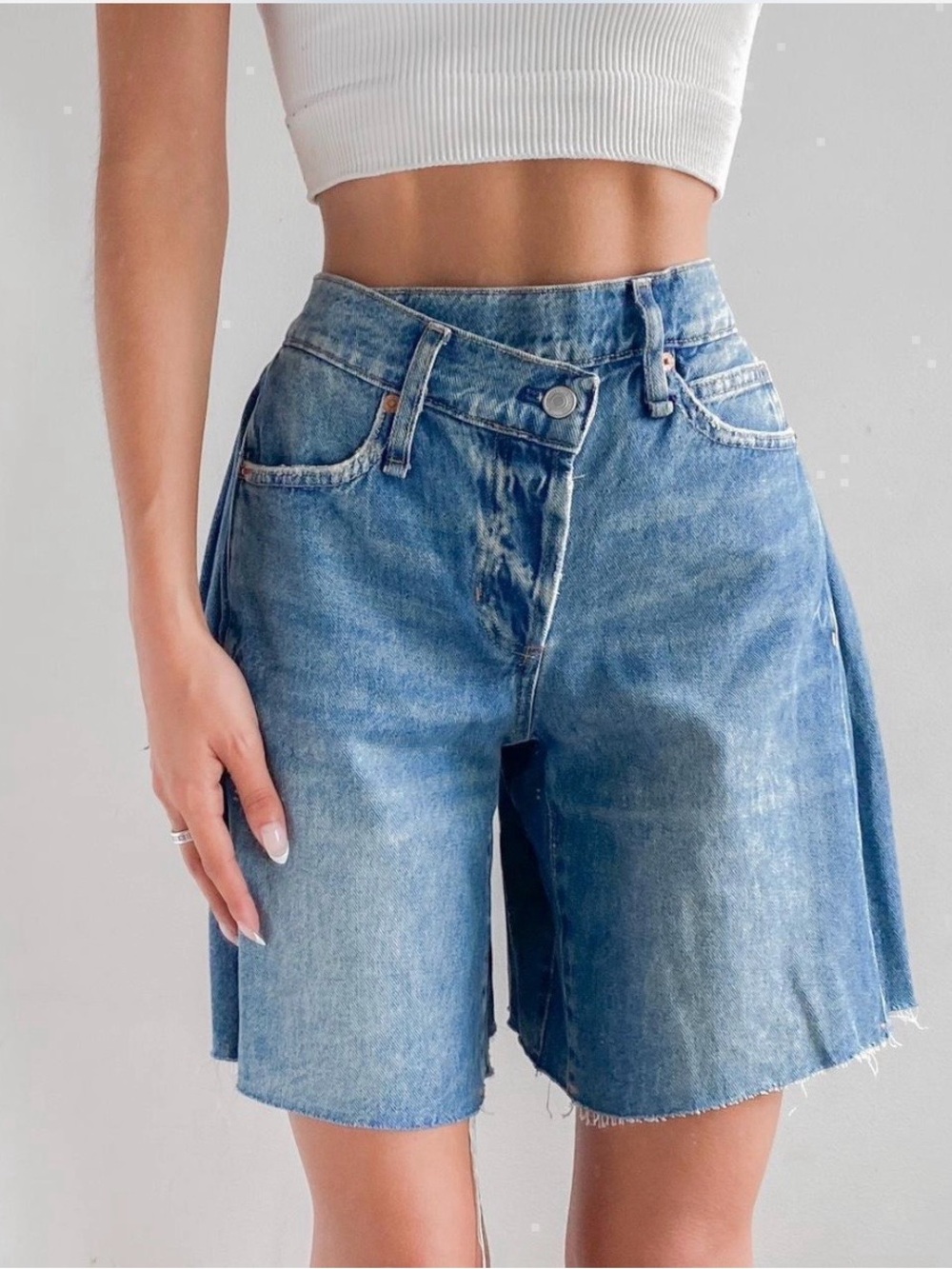 Free People We The Free Boomerang High-Waisted Long Denim Shorts - Picture 2 of 10